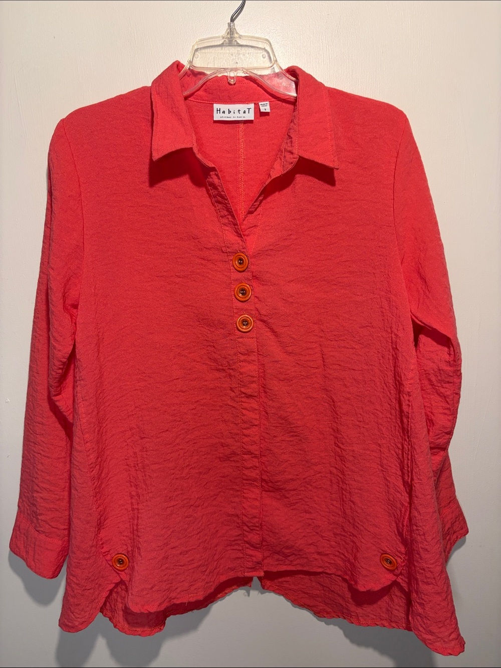 Habitat Coral Textured Long Sleeve Button Down Shirt Large Buttons Beach SZ S